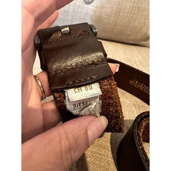 VTG Diesel Belt Mens 32 Brown Leather Logo Buckle 80/32 Antique Silver Wide - Picture 5 of 10